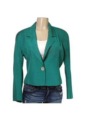 VTG Anne Klein 100% silk 80s 90s  Cropped fitted Blazer Jacket Green Career 10